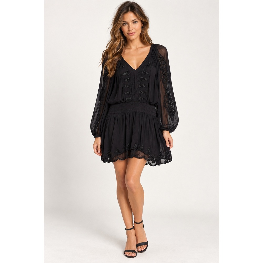Anthropologie Leifsdottir Embroidered Silk Mini Dress Sz 8 Black Sheer Boho Goth